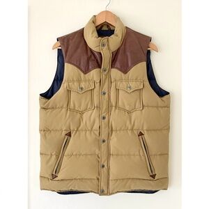 Penfield tan goldenrod navy blue puffer puffy down vest brown leather trim